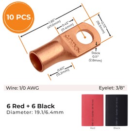 SELTERM 10pcs - 1/0 Awg - 3/8" Stud - Battery Lugs - Ring Terminal Connectors | with 12pcs 3:1 Black & Red Heat Shrink Tubing with Adhesive | Heavy Duty Battery Cable Ends - Bare Copper Wire Lugs Kit