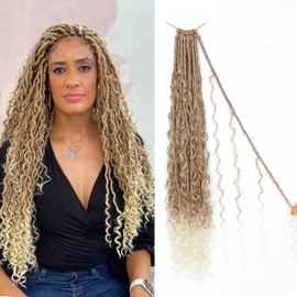 IIFLYDSFA Boho Faux Locs Crochet Hair 24 Inch 8 Packs Goddess Locs Crochet Hair with Curly Ends Ombre 27/613# Pre-looped Bohemian River Locs Hair for Women ﻿