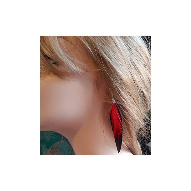 Black Feather Earrings with Red Feather - Handmade