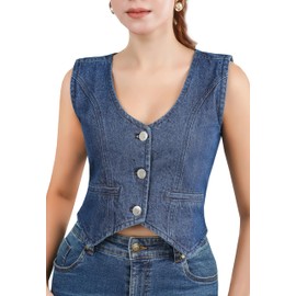 MelloShe Women’s Cropped Denim Vest – Sleeveless V Neck Jean Jacket Top, Button Down Fitted Waistcoat, Y2K Vintage Style (US, Alpha, Medium, Regular, Regular, Dark Blue Denim)