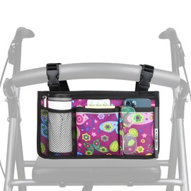 Wheelchair Side Bag, Upgrade Flower Color Wheelchair Armrest Storage Pouch with Cup Holder and Reflective Strip Use of Waterproof Fabric, for Most Wheelchairs, Walkers or Rollators (Purple Butterfly)