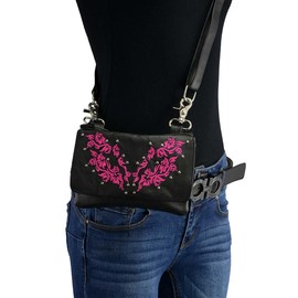 Milwaukee Leather MP8853 Women's 'Flower' Black and Pink Leather Multi Pocket Belt Bag - One Size