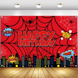 Spider Web Happy Birthday Photography Backdrop, 5x3ft City Skyline Buildings Background Photo Booth Banner Props for Kids Boys Girls Birthday Baby Shower Holiday Party Decorations Supplies
