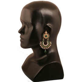 Touchstone Indian Bollywood Rich Studded Jewelry Inspired Wide Long Magical Look Jhumki wedding Earrings Studded With Faux Pearls And Faux Emerald For Women In Antique Gold Tone., Rhinestone