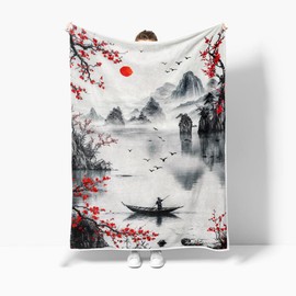 DYNH Japanese Cherry Blossom Throw Blanket, Asian Nature Landscape Throw Blanket, Mountain Cherry Branches Red Sun Ink Painting Soft Warm Flannel Black White Grey Blanket,60X80