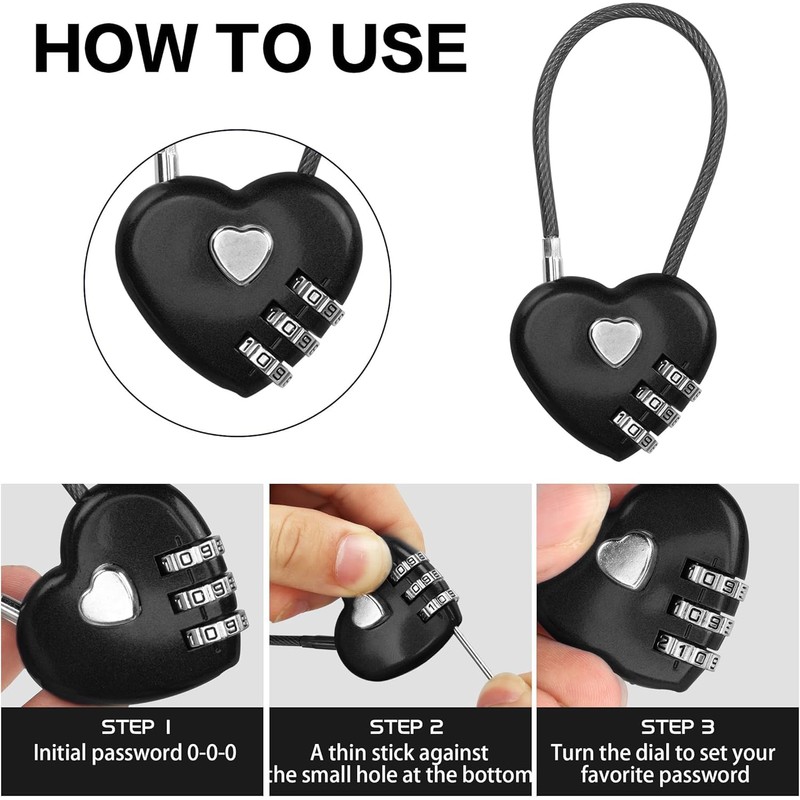 2 Pack Combination Lock, 3 Digit Heart Shaped Padlock for