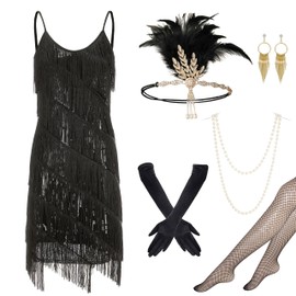 Gionforsy 1920s Flapper Dress Sequins Gatsby Dress Roaring 20s Costume Accessories Set (Multi Fringe-Black, X-Large)
