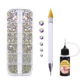 Kit Pedreria para Uñas Diamantes de Imitación para Uñas Tornasol, 1440 Piezas Decoración de Uñas de Cristal AB Brillante Diamantes 6 Tamaños Con Lapiz Doble Punta de Cera Katana para Cristales, Diamantes Incluye Pegamento Nivelador de Altura de 10ml