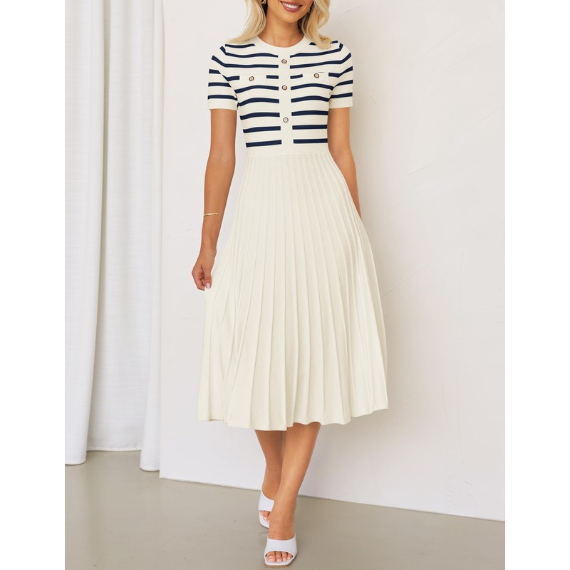 ZESICA Women's 2025 Casual Striped Midi Dress Crewneck Short Sleeve