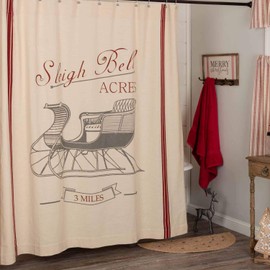 Piper Classics Sleigh Bells Ring Printed Shower Curtain, 72" x 72", Farmhouse Christmas Red & Cream w/Printed Sleigh and Bells, Country Holiday Décor