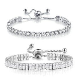 2Pcs Set Cubic Zirconia Crystal Classic Tennis Chain Adjustable Wide Thin Wrap Bracelets for Women Gifts Jewelry Colorful Sparkling Shiny Dainty Elegant Statement-Silver