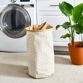 Household Essentials Bamboo Rimmed Round Krush Hamper with Cutout Handles, Tan Chevron