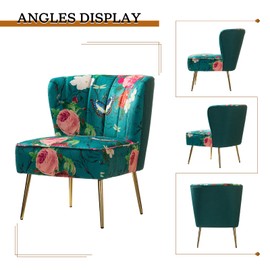 TINA'S HOME Accent Chair with Golden Metal Legs, Comfy Tufted Wingback Living Room Chair Floral Fabric Small Armless Side Chair, Upholstered Slipper Chair for Bedroom, Reading Room (Flower Print&BLUE)
