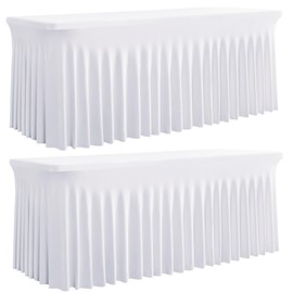 Outpain White Spandex Table Clothes for 6 Foot Rectangle Tables-2Pack 6FT Spandex Fitted Table Cover, Wrinkle Free Tablecloths with Skirt for Parties, Wedding, Birthday, Banquet, Festival