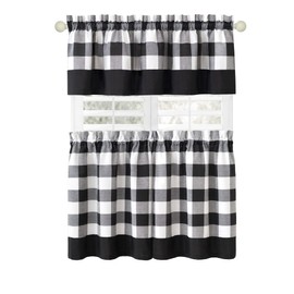Woven Trends Kitchen Curtains and Valances Set, Classic Country Plaid Checkered Premium Cotton Blend, Cafe Curtains Tier & Valance Set, Rod Pocket, 57" x 24", Black