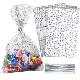 COQOFA 100 Pcs Star Printed 5"X 11" Gift Wrap Cello Cellophane Treat Bags Party Favor bags Clear Candy Cookie Bags Plastic Poly Goodie Storage Bags with Twist Ties for Bakery,Birthday, Wedding ,Party Decorations (Silver)