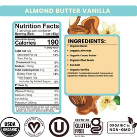 Bearded Brothers, Organic Vegan Protein Energy Bars, Almond Butter Vanilla (12 Pack) - Gluten Free, Paleo, Fiber, Whole 30 | Non GMO Low Glycemic Snacks (Packaging May Vary)