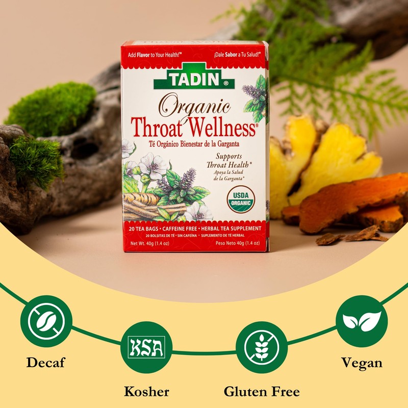 Tadin Organic Throat Wellness Tea, Caffeine Free Herbal Tea for