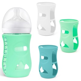 AUDRWALL Silicone Sleeves for Avent Natural Glass Baby Bottles, BPA Free, Anti Breakage Baby Bottle Holder (Blue + Green + White, 8 Ounce)