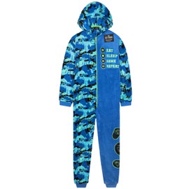 Get Trend Fleece Onesie for Boys Teens, Hooded Loungewear Warm Pyjamas, Gaming Cosy Jumpsuit Nightwear, Gamer Gifts for Boys (13-14 Years, Blue Gaming)