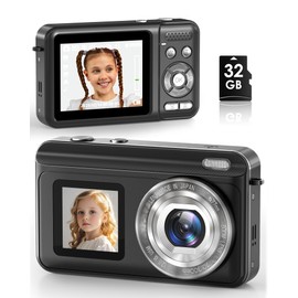 Digital Camera, Real 2.7K Dual-Screen Digital Camera for Photography Auto-Focus Vlogging Camera for YouTube Video 16x Zoom 32GB SD Card Anti Shake Compact Camera for Student Teen Boys Girls Kids
