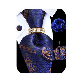 Kerfado Blue Paisley Tie and Pocket Square for Men, Silk Necktie and Handkerchief Cufflinks with Gold Ring and Lapel Pin Set