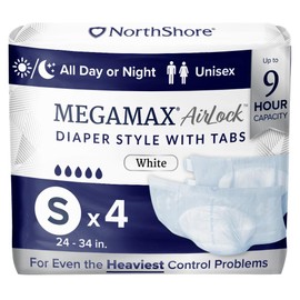 NorthShore MegaMax AirLock Breathable 9-Hour Heavy-Duty Tab-Style Adult Diapers, Small, Starter Pack of 4, White, 24-34 inches, Unisex Incontinence Underwear