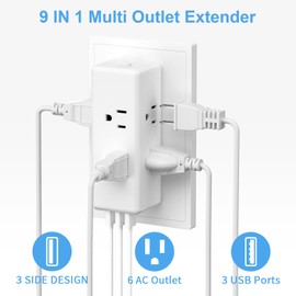 Multi Outlet Plug Extender, HICITY Outlet Splitter with 6 AC Outlet and 3 USB Ports, Surge Protector Power Strip Plug Extender 3-Sided Spaced Splitter for Home, Office, Travel