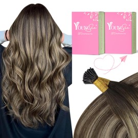 YoungSee I Tips Hair Extensions Human Hair Balayage Brown 18 Inch Itip Human Hair Extensions I Tip Hair Extensions Ombre Dark Brown with Ash Blonde Hair Extensions Real Human Hair 60 Strands 50g