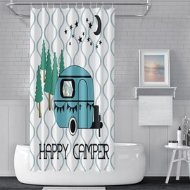 DORCEV 48x72inch RV Shower Curtain Sets Happy Camper Outdoor Adventure Camper Trailer Forest Camping Cartoon RV Bathroom Curtain Wavy Line Decorations Bathroom Set Hooks Included Waterproof