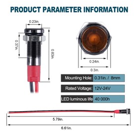 DMWD 5 luces indicadoras LED de ahorro de energía de 12 V-24 V, 20 mA, carcasa de aleación de aluminio, orificio de montaje impermeable con 15 cm. Alambre para coche, camión, barco (LED amarillo)