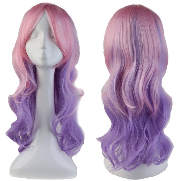 S-noilite Women Long Ombre Pink Purple Wavy Hair Wigs Cosplay Anime Party Costume Pastel Colorful Synthetic Curly Full Wig With Bangs 24inch/60cm