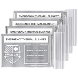 Swiss Safe 4 Pack Mylar Emergency Blankets for Survival - Compact & Insulated for Cold Weather - Designed for NASA, Outdoor, Running, Camping, Survival, First Aid Car Kit - Silver, 4 Pack
