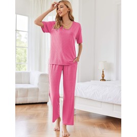 Ekouaer Pajama for Women Travel Outfits 2 Piece Sets V Neck Lounge Set Soft Pajama Set Pj Pants Set with Pockets Knit Loungewear Hot Pink XL