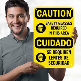 Caution Safety Glasses Required In This Area With Graphic Sign, 12x18 Inches, 55 mil thick HDPS (high density polystyrene), Made in USA by My Sign Center