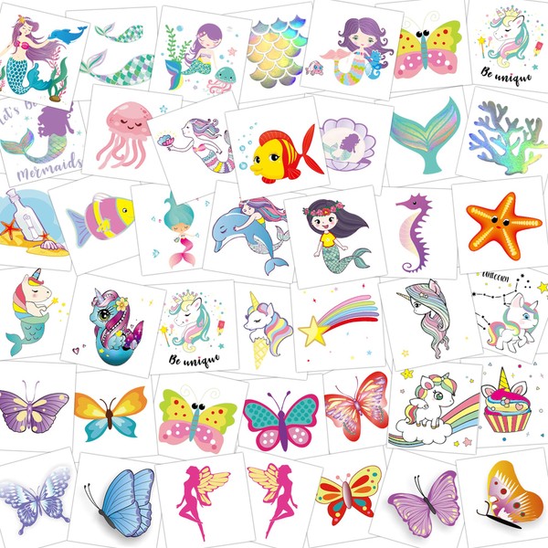 HOWAF 80pcs Temporary Tattoos for Kids, Mermaid/Butterfly/Unicorn Tattoos for Kid, Friendly Fake Waterproof Tattoo Sticker for Childrens, Girls, Boys, Birthday Party Decorations Favors Supplies