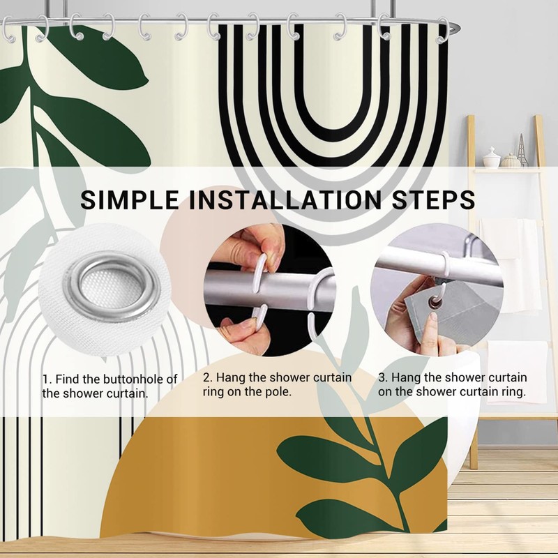 Hnmdmyi Boho Shower Curtain, Mid Century Abstract Arch, Sun Green