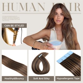 Mifes Tape in Hair Extensions Human Hair #P2/6 Balayage Color 20pcs/50g 18 Inch Dark Brown to Light Brown Real Remy Human Hair Tape in Extensions Seamless Tape Extensions