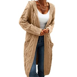 GeGekoko Women's Cardigan with Hood Long Sleeve Chunky Knit Cardigan Open Front Sweater Autumn Winter Casual Knitted Cardigan Pullover with Pockets, khaki