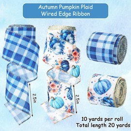 Fall Glitter Wired Edge Ribbon Blue Pumpkin Flower Plaid Craft Ribbons Watercolor Checkered Floral Fabric Ribbon for Autumn Wreath Bow DIY Wrapping Party Decor, 2 Rolls, 20 Yard