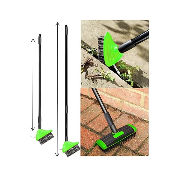 Vivo Technologies 3 in 1 Telescopic Weed Remover Brush Wire Head Paving Decking Clean Scrub Moss Weed Remover Tool Wire Brush Scraper Set with Metal Broom & Weed Removal Head Green