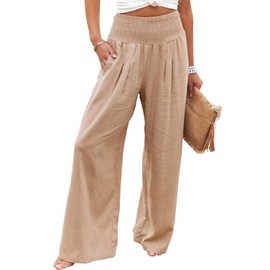 Vansha Women Summer High Waisted Cotton Linen Palazzo Pants Wide Leg Long Lounge Pant Trousers with Pocket Khaki XL
