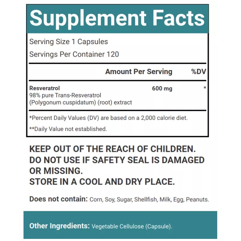 VitaCosmoX Resveratrol 600mg - 120 Capsules - Anti-Aging Antioxidant Supplement