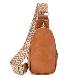 KlaOYer Sling Leather Bags For Women Crossbody Small Fanny Pack Purses Chest Bags With Guitar Strap For Gril Lady (Brown)