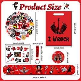 110PCS Rock and Roll Party Favors, Rock Star Supplies Decorations Includes 50 Stickers,12 Keychain, 12 badge, 12 Bracelet,12Bags, 12 sheet tattoos for 80s 90s Rock Party Favors Goodie Bags Stuffers