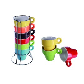 mucplants Set of 6 Coloured Espresso Cups + Practical Chrome Stand + Gift Box Espresso