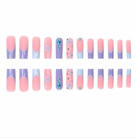 Foccna Long Blue Fake Nails Square French Press on Nails Flower Design Bling Glossy Rhinestone False Nail Tips Artificial Nails Finger Manicure for Women and Girls-24pcs