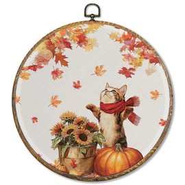 Sufamb Fall Thanksgiving Cat Round Wall Art Decor, Rustic Country Autumn Pumpkin Maple Leaf Floral Canvas Artwork Framed, Fall Cat Wall Hanging Prints Decorations for Home Bedroom Decor, 10x10 Inches
