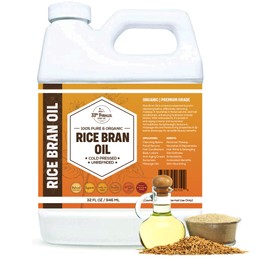 ORGANIC RICE BRAN OIL (32 oz) Premium Cold Pressed Unrefined | 100% Pure Rice Bran Oil for Skin, Face, Hair, Soap Making | Carrier for Essential Oils | Available in Bulk | 32 FL OZ