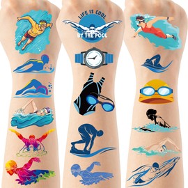 Swim Sport Temporary Tattoos - 200+ Swimming Fake Tattoo for Birthday Party Decorations, Summer Seaside Beach Favors Racing Supplies for Team(8 Sheets)